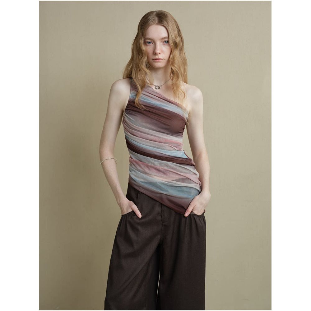 Someone sometimes creates original art dyed mesh breathable skin friendly off shoulder one shoulder short sleeved top for women image 4