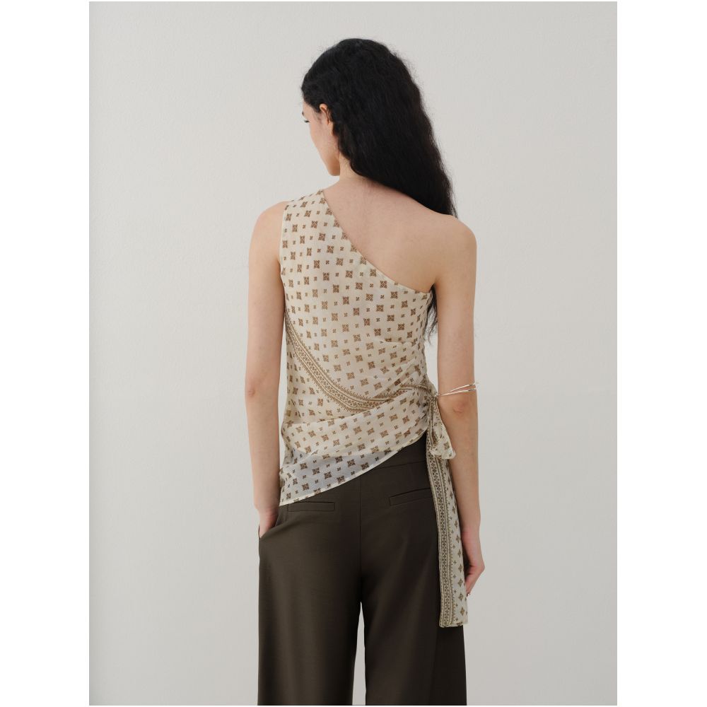 Someone sometimes wears a retro print fitted waist with a tie ruffled floral chiffon asymmetrical off shoulder top image 4