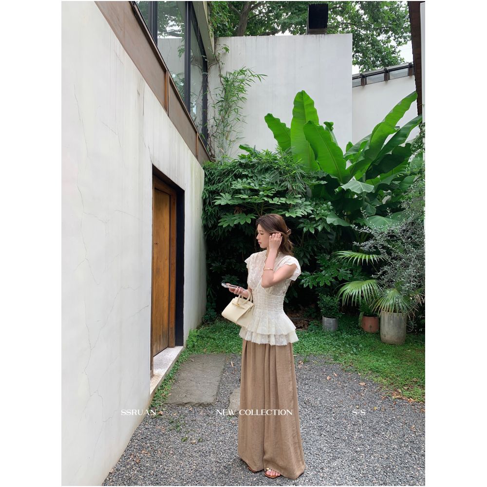 Sam Seoi s relaxed style Lace shirt for women long sleeves slimming V neck waist cinching versatile top image 5