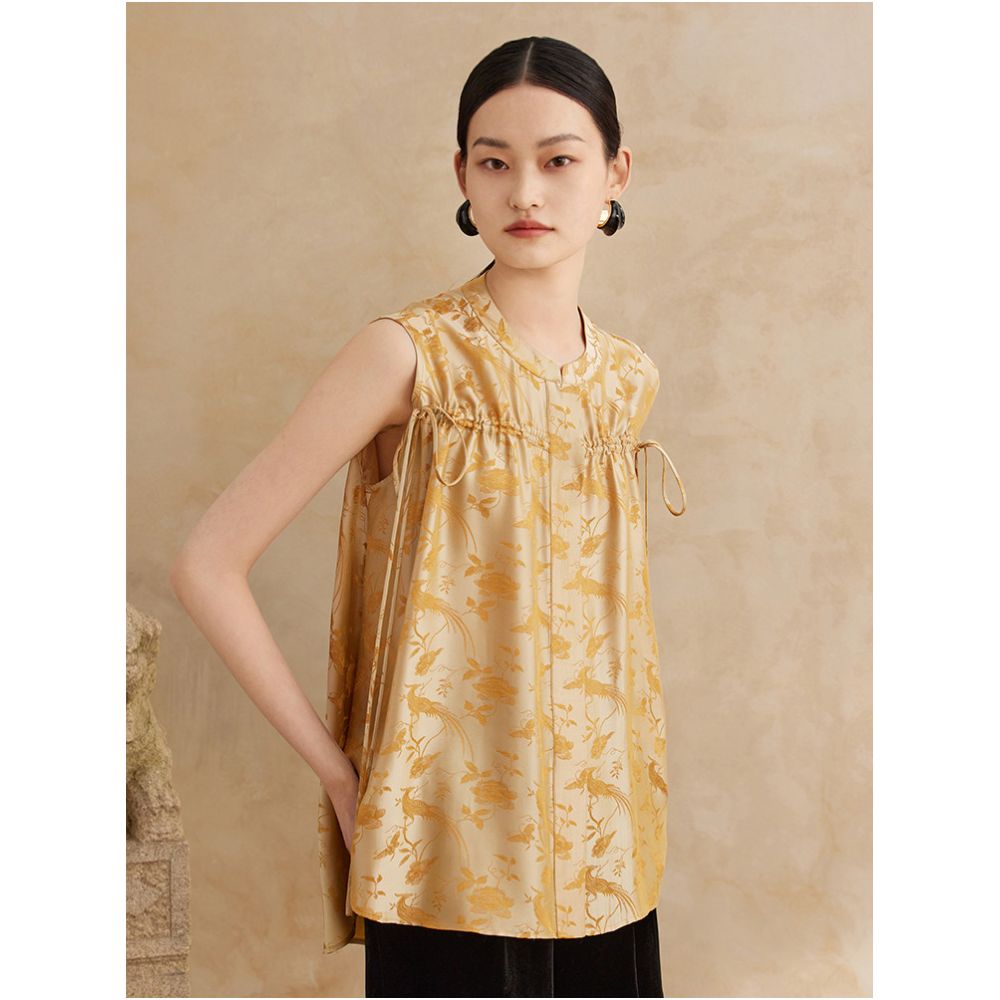 Ruyi Lianyun New Summer Style Silk Blend Jacquard Drawstring Tie Waist Chinese Style Shirt Women s New Chinese Style Loose Top image 0