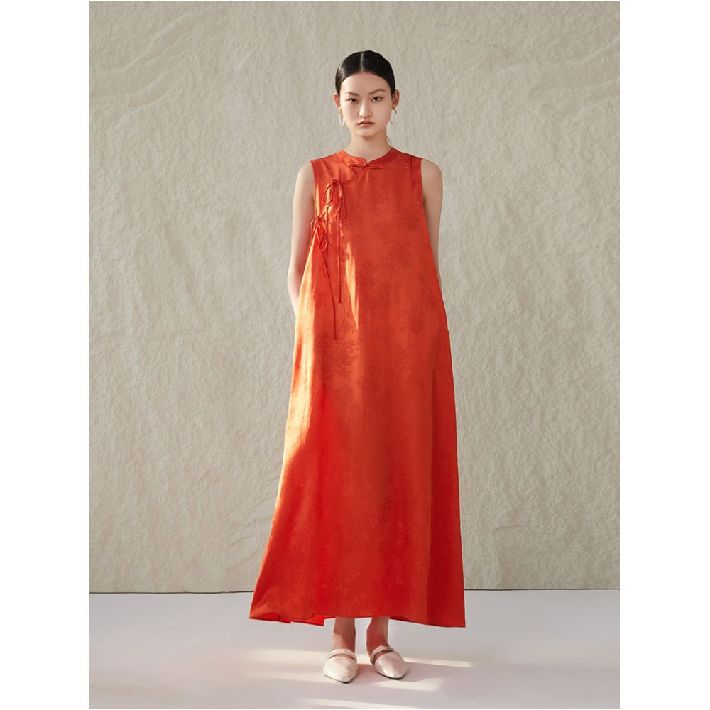 Ruyi Lianyun Spring Summer New Style Fold Out Dress with Button Down Tie and Stand Collar Sleeveless Dress Retro Chinese Style Long Dress image 0