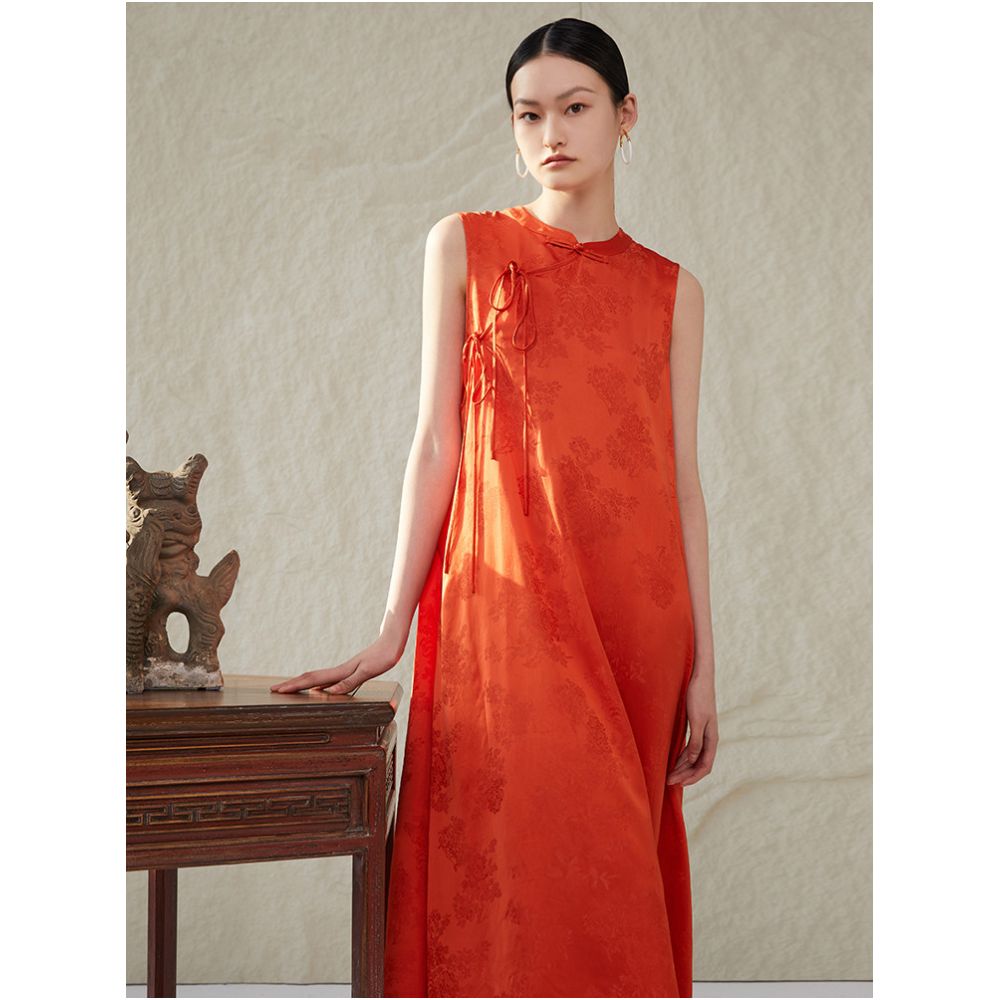 Ruyi Lianyun Spring Summer New Style Fold Out Dress with Button Down Tie and Stand Collar Sleeveless Dress Retro Chinese Style Long Dress image 3