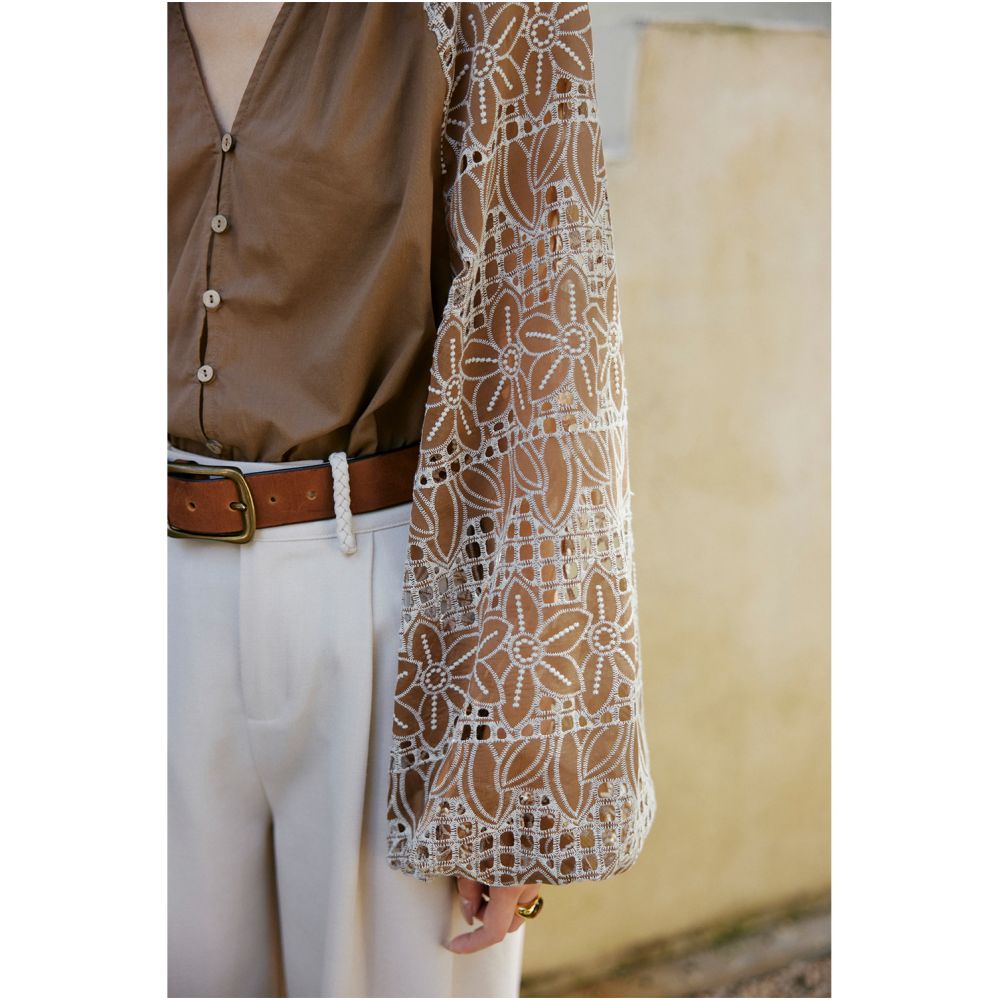 Rosebanks fabric unique and chic 25 French blogger vacation style brown embroidered patchwork lantern sleeve shirt image 0