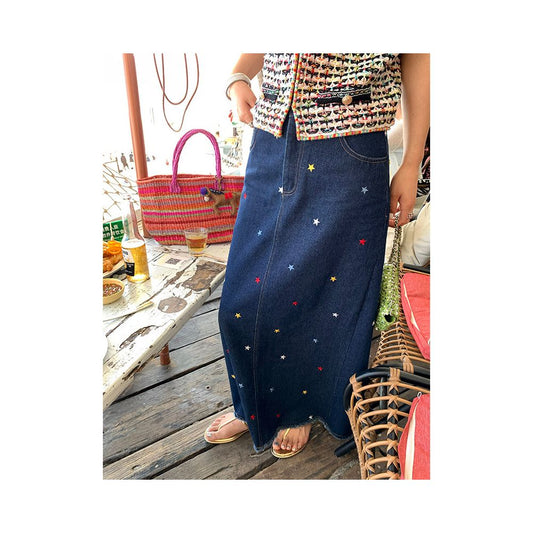 Jinyu Flower Long Midi Skirt 2026 New Early Spring Style Embroidered Denim Midi Skirt with Frayed Edges Stylish Design image 0