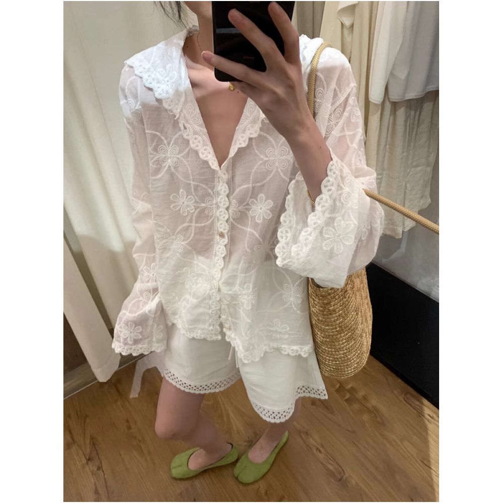 Korean style heavy duty lace embroidered hooded sun protection shirt for women summer thin loose breathable air conditioned shirt top cover up image 1