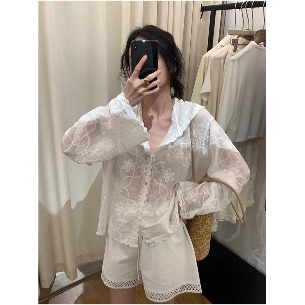 Korean style heavy duty lace embroidered hooded sun protection shirt for women summer thin loose breathable air conditioned shirt top cover up image 2