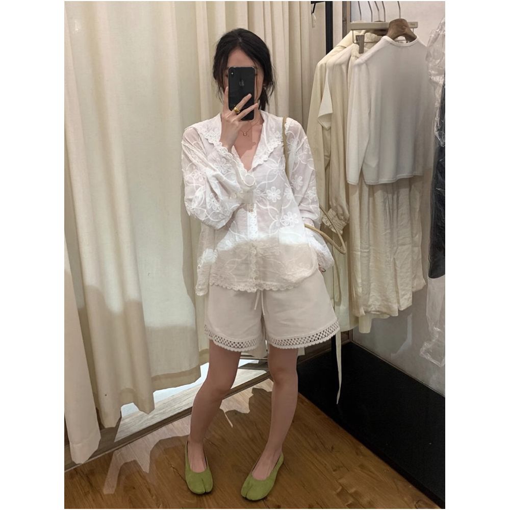 Korean style heavy duty lace embroidered hooded sun protection shirt for women summer thin loose breathable air conditioned shirt top cover up image 3