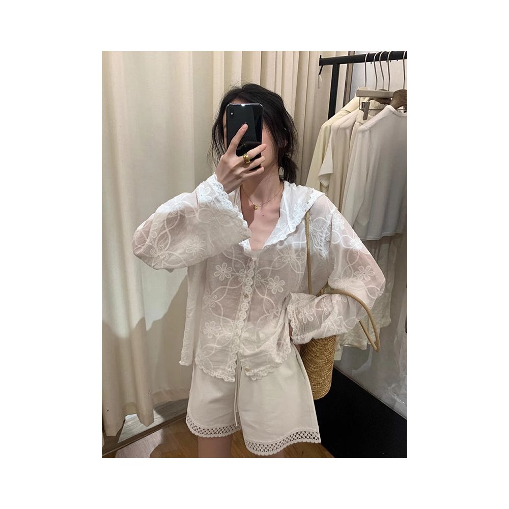 Korean style heavy duty lace embroidered hooded sun protection shirt for women summer thin loose breathable air conditioned shirt top cover up image 0
