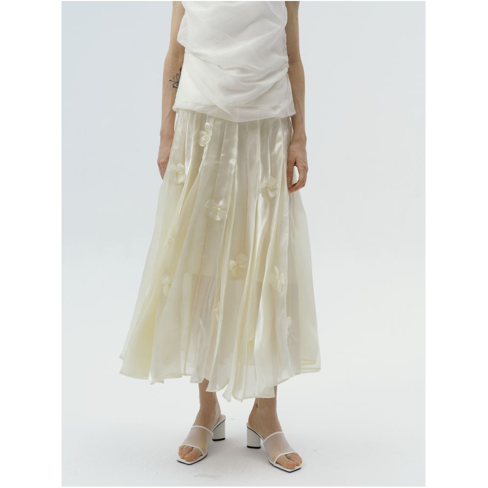Serrer Light Yellow Pleated Skirt with 3D Floral Decoration image 0