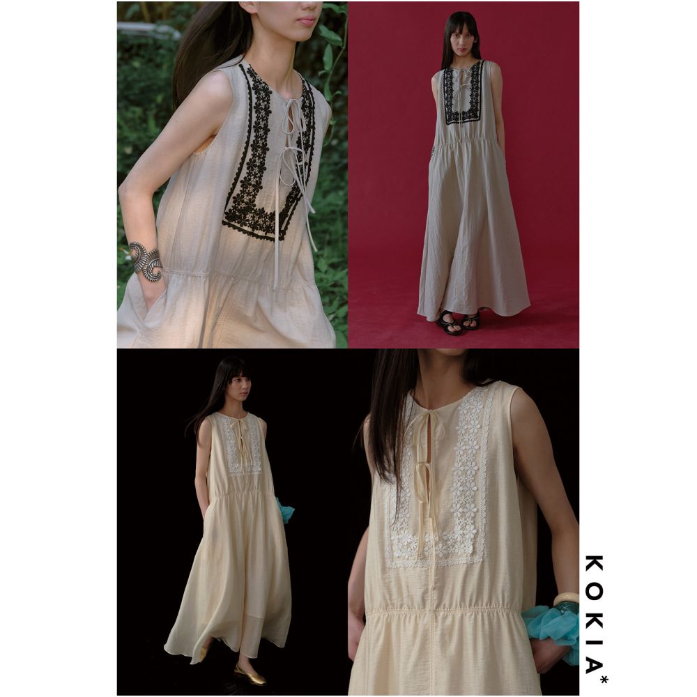 KOKIA in stock Lyocell linen blend French classic lace ribbon sleeveless dress in two colors image 1
