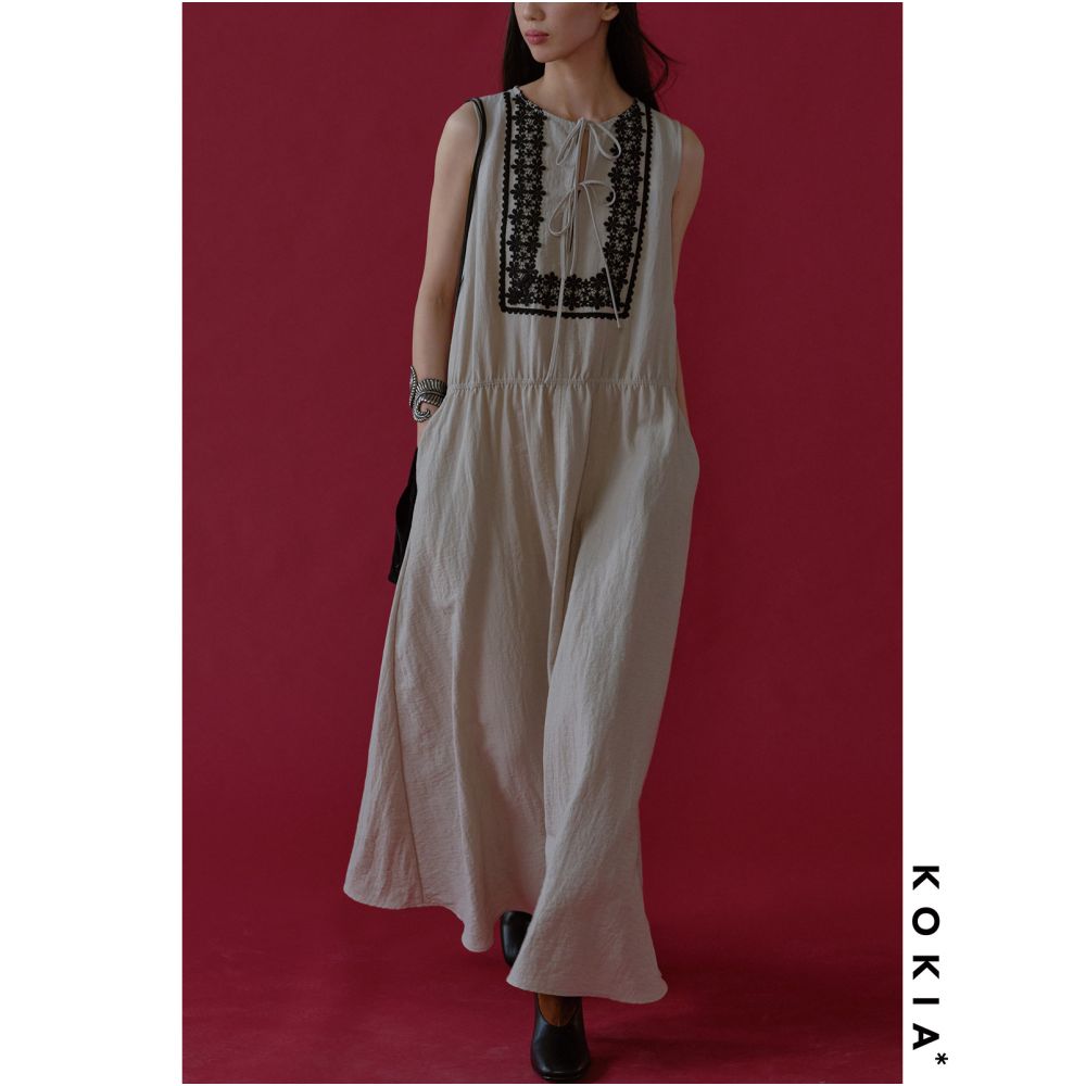 KOKIA in stock Lyocell linen blend French classic lace ribbon sleeveless dress in two colors image 3