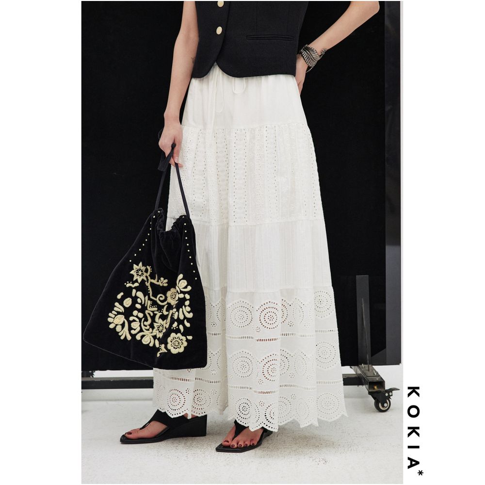 KOKIA in stock celebrity style Madeira embroidered white moonlight lace floral patchwork elastic waist tiered skirt image 1