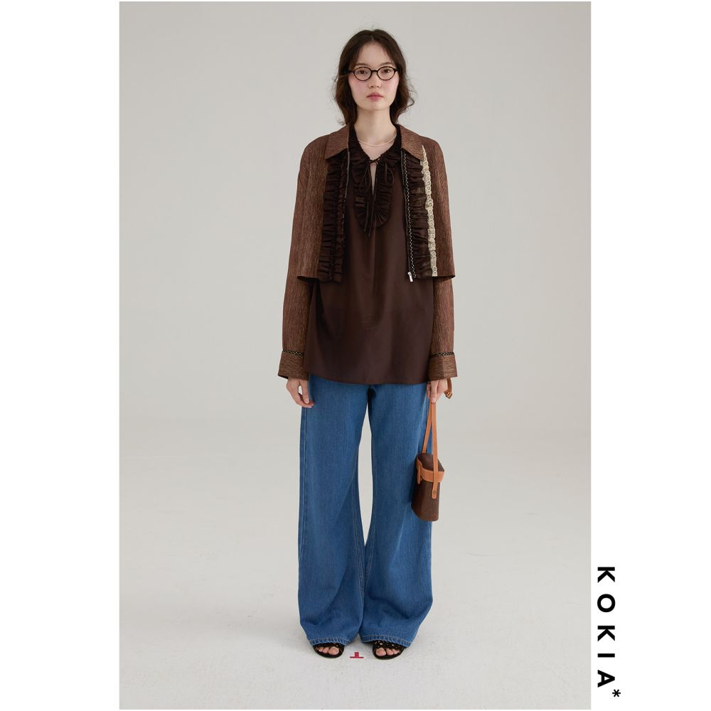 KOKIA In Stock Lightweight and Sheer Floral Gauze Classic Leg of Mutton Sleeves Ruffled V Neck Loose Oversized Pullover Shirt image 2