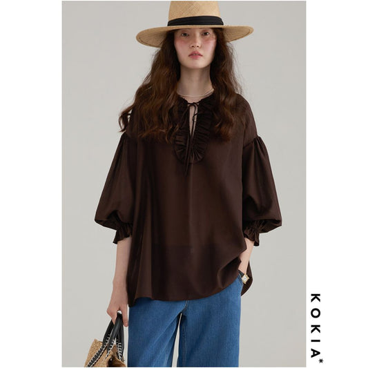 ASAYA6484 – Vintage Ruffle Sheer Blouse 🤎🍂