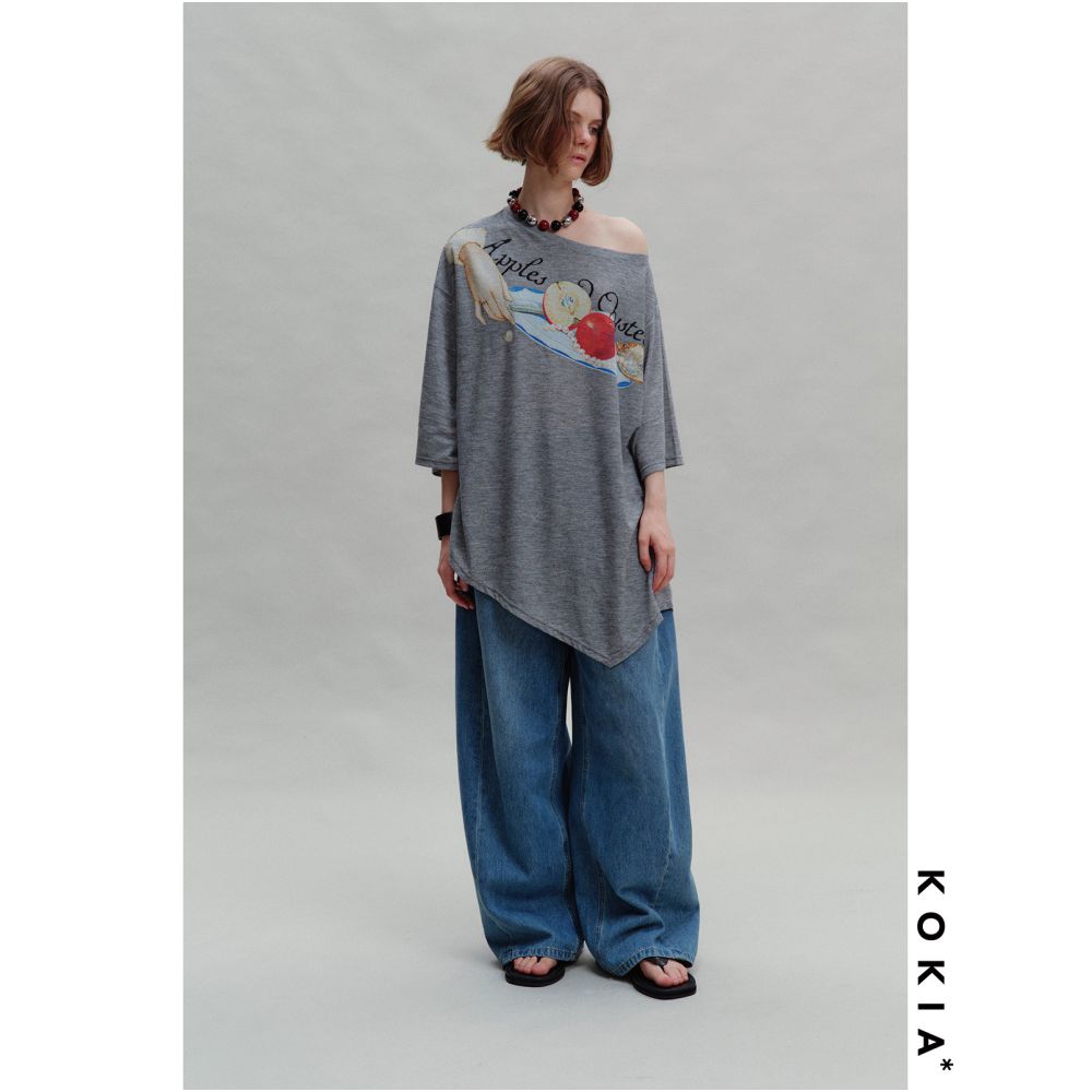 KOKIA Original Oil Painting Print Apples and Oysters Irregular Hem Three Quarter Sleeve Off Shoulder Tee image 2