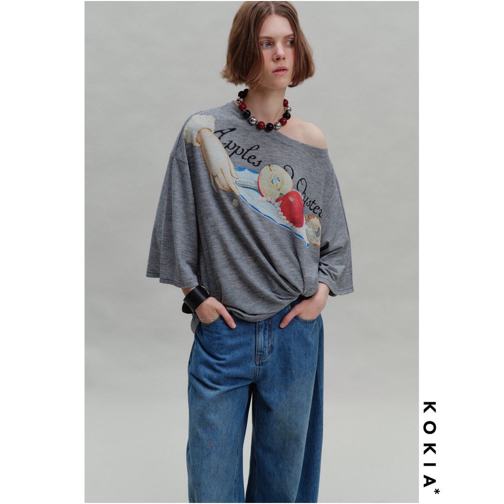 KOKIA Original Oil Painting Print Apples and Oysters Irregular Hem Three Quarter Sleeve Off Shoulder Tee image 4