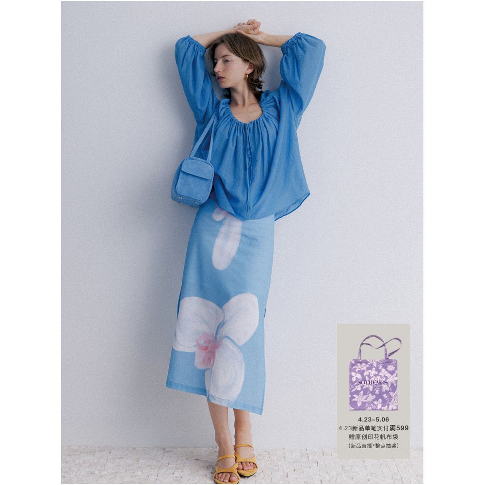 SOTHEMOS 25SS Butterfly Orchid Exclusive Original Design Printed Wrinkle Resistant Linen Biscuit High Waisted Midi Skirt image 0