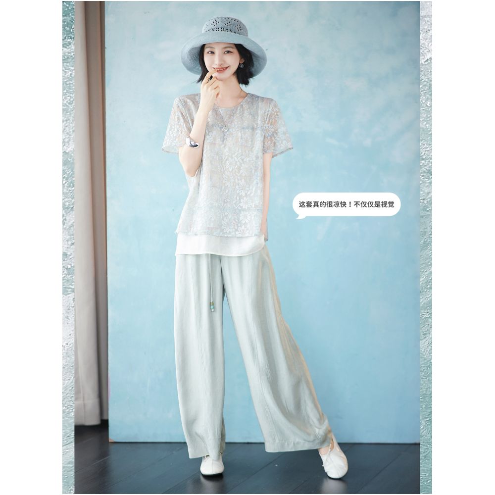 Zhao Daxi Chiang Mai Casual Pants 100 Acetate Fiber Relaxed Fit Elastic Waist Drawstring Cropped Wide Leg Pants for Women image 1