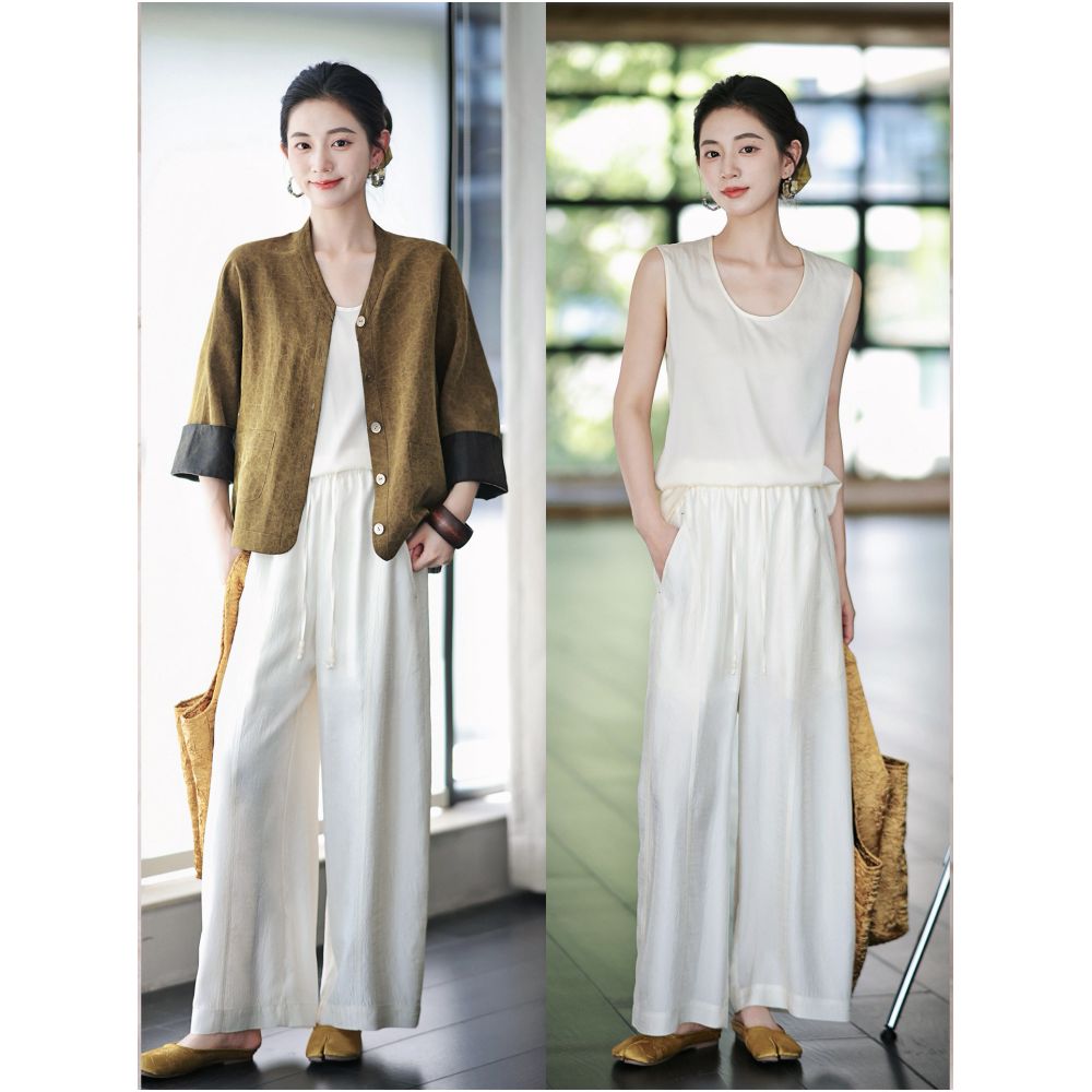 Zhao Daxi Chiang Mai Casual Pants 100 Acetate Fiber Relaxed Fit Elastic Waist Drawstring Cropped Wide Leg Pants for Women image 2