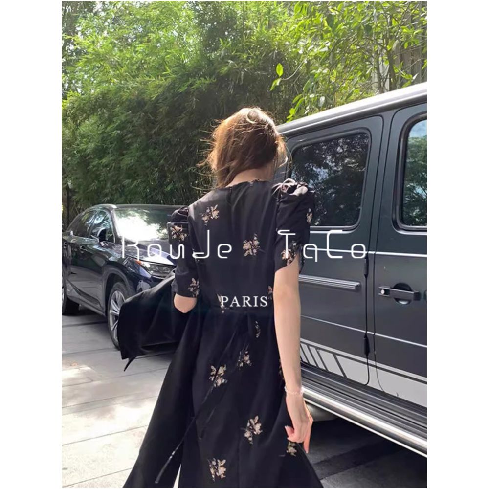 Rouje Taco French retro Hepburn style V neck floral dress black slimming chic design long dress image 5