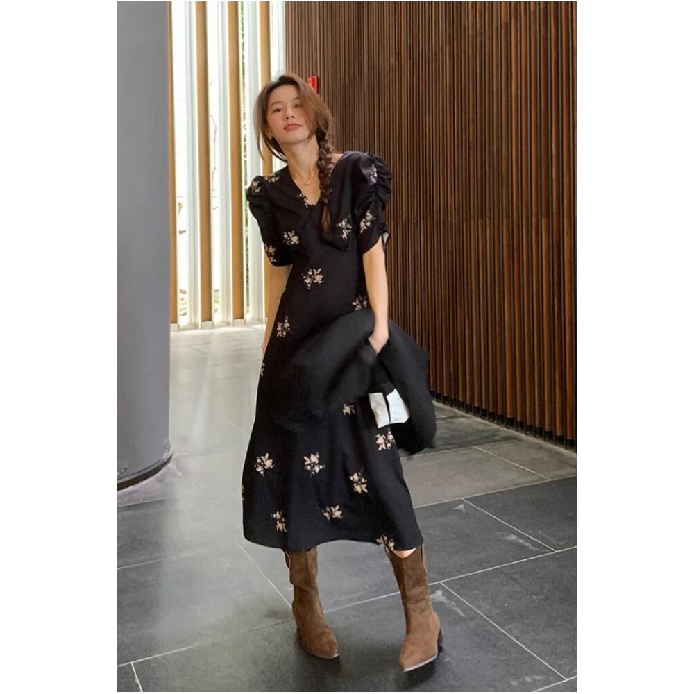 Rouje Taco French retro Hepburn style V neck floral dress black slimming chic design long dress image 0