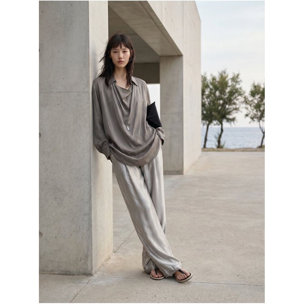 COMMON VALUE 100 Satin Acetate Trousers High Quality Glossy Natural Texture Wide Leg Trousers image 1