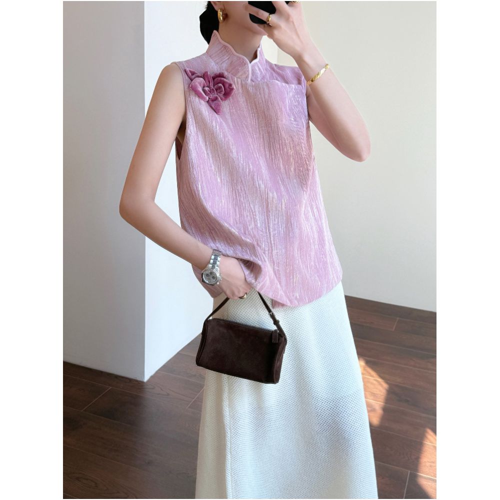Tasyavan New Chinese Style Velvet Gold Foil Corsage Design Stand Collar Heavy Duty Three Dimensional Flowers Slimming Sleeveless Vest for Women image 1