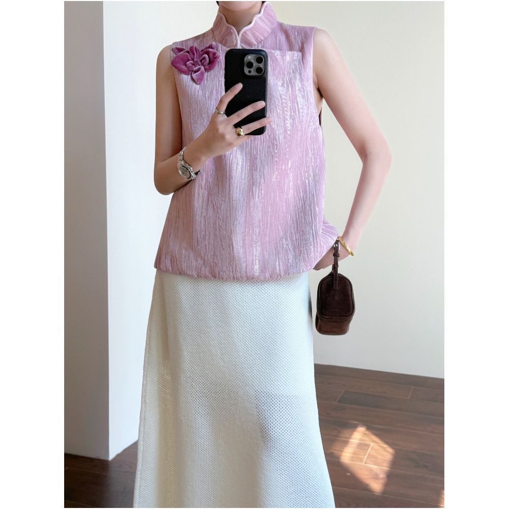 Tasyavan New Chinese Style Velvet Gold Foil Corsage Design Stand Collar Heavy Duty Three Dimensional Flowers Slimming Sleeveless Vest for Women image 2