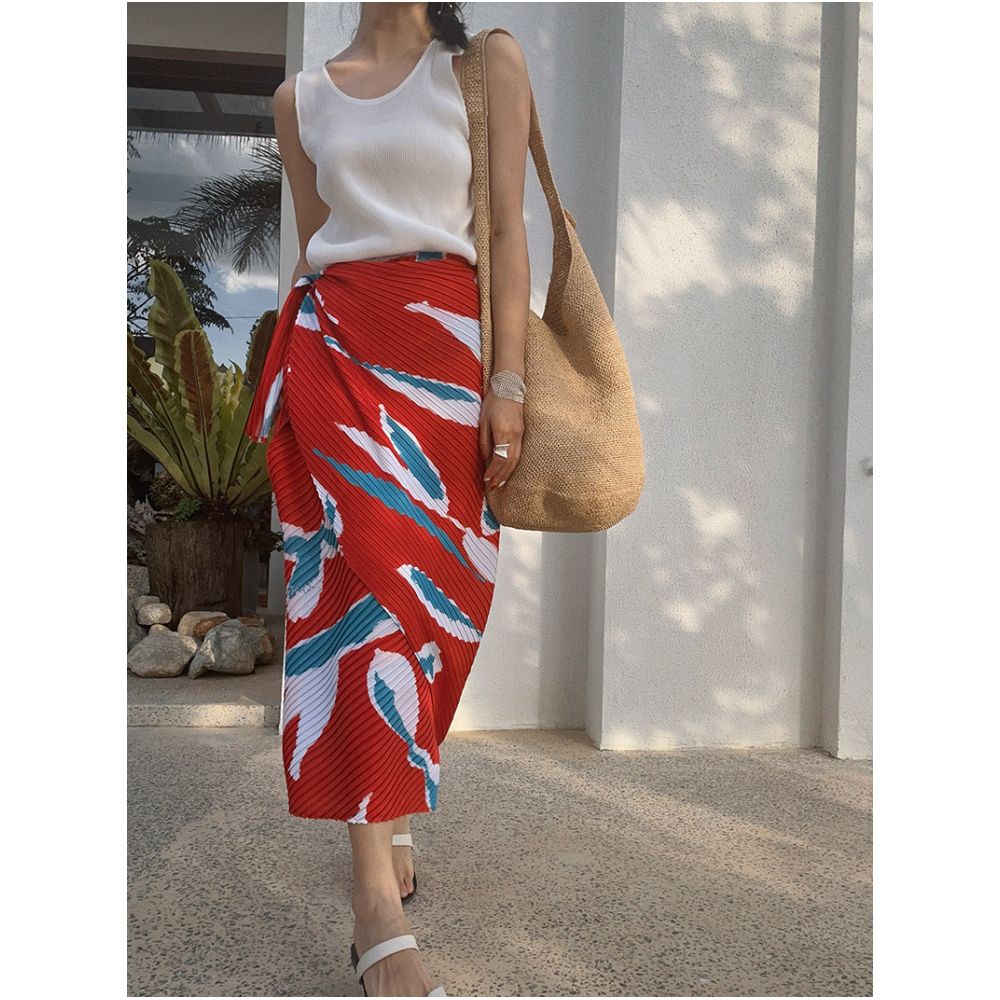 BLUE Y Japanese Limited Edition Retro Print Kite Tie Wrap Midi Skirt for Women image 1