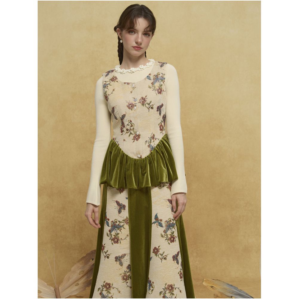 Tail Kite Collection Original New Arrival Audrey Hepburn Style Floral Bird Jacquard Velvet Patchwork Top Color Block Slimming Waist image 2