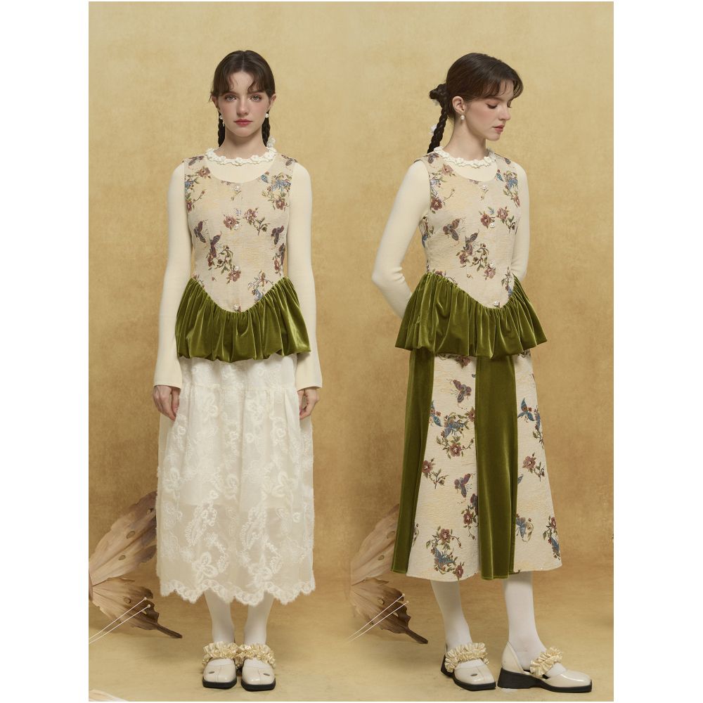 Tail Kite Collection Original New Arrival Audrey Hepburn Style Floral Bird Jacquard Velvet Patchwork Top Color Block Slimming Waist image 3