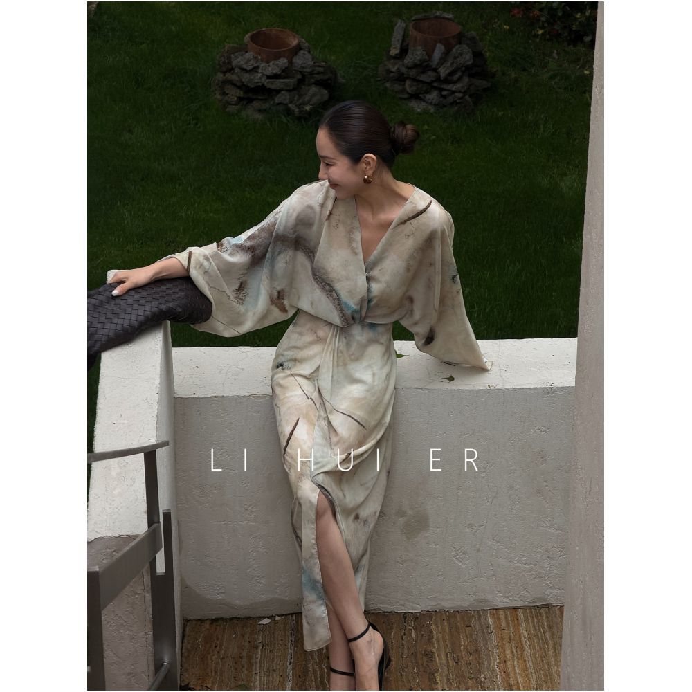 LiHuiEr李慧儿砚知 Artistic Print V Neck Dress Women s Minimalist Design New Chinese Style Long Dress image 2