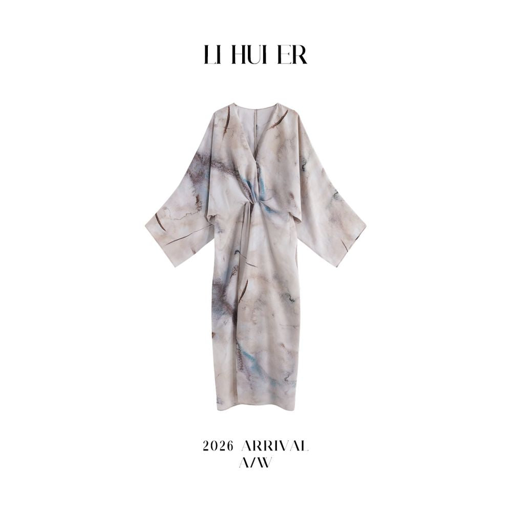LiHuiEr李慧儿砚知 Artistic Print V Neck Dress Women s Minimalist Design New Chinese Style Long Dress image 0