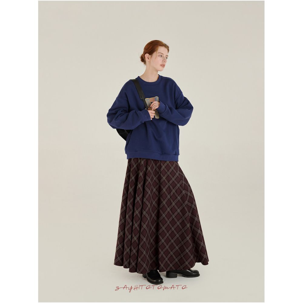 Sayhitotomato s segmented plaid retro style slimming A line skirt with a full hem exuding elegance past the knees image 1