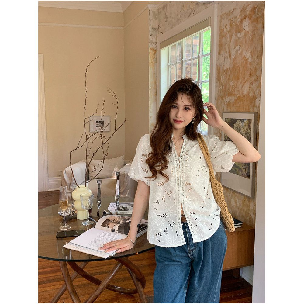DANCC French style hollowed out embroidered short sleeved shirt for women summer vacation puff sleeve blouse lace top image 1