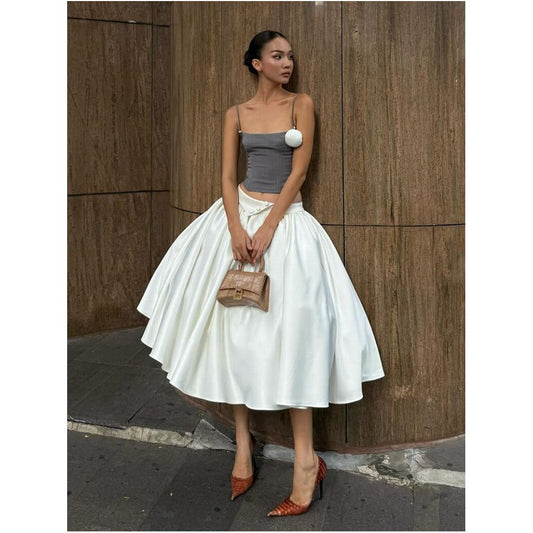 French style elegant and sophisticated white midi skirt for women high waisted full skirt A line flared skirt image 0