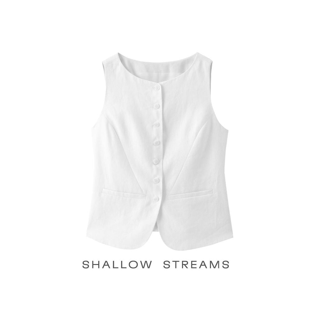 Dimple Sea French Old Money Style Pure Linen Vest Adjustable Waist Defining Elegant Tank Top with Stylish Design for Summer image 0