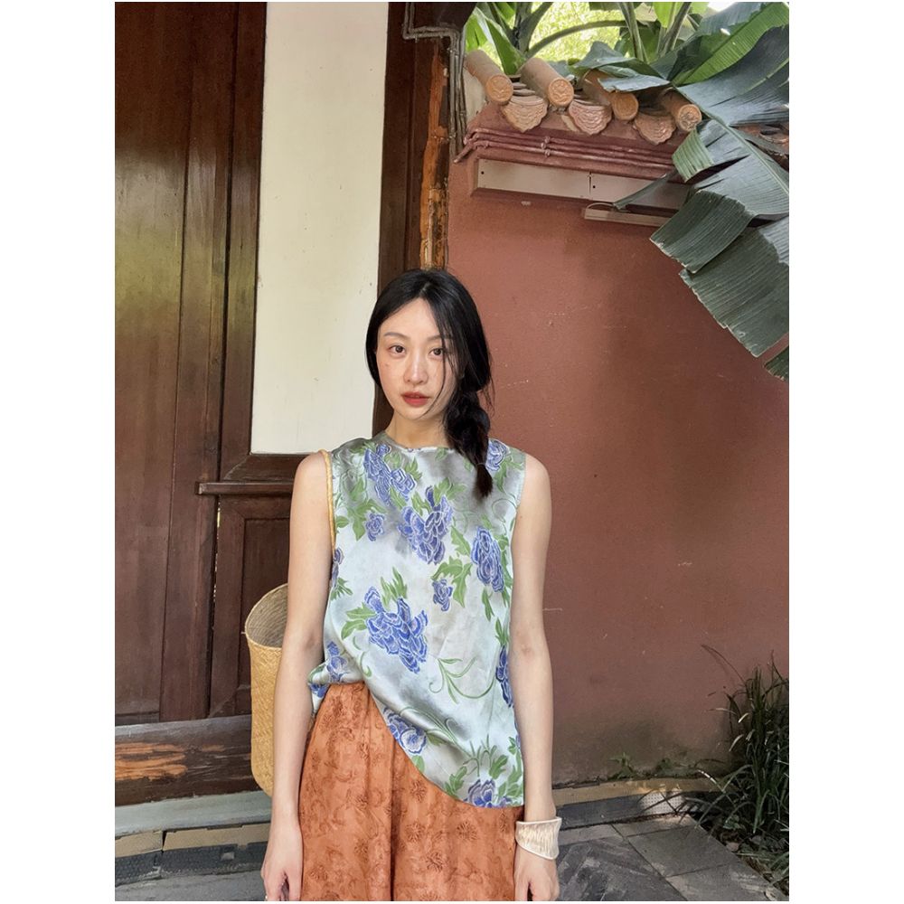 BLUE Y Chinese Style New Chinese Style Rayon Silk Cloud Yarn Cool Sleeveless Blue Jacquard Vest Top Round Neck image 1