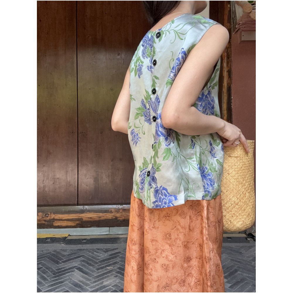 BLUE Y Chinese Style New Chinese Style Rayon Silk Cloud Yarn Cool Sleeveless Blue Jacquard Vest Top Round Neck image 2