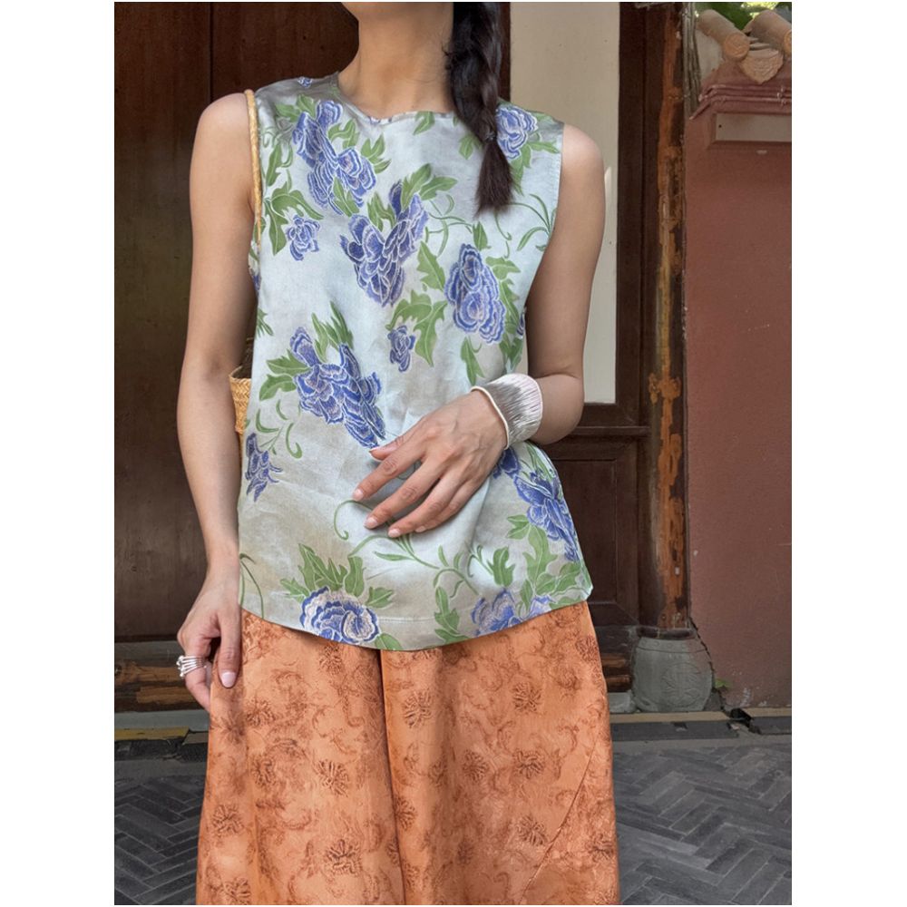 BLUE Y Chinese Style New Chinese Style Rayon Silk Cloud Yarn Cool Sleeveless Blue Jacquard Vest Top Round Neck image 5