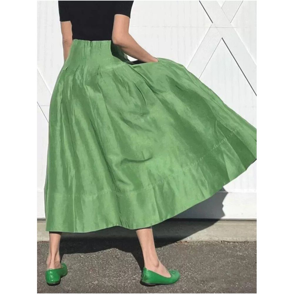 Rixo Kelly French retro style green high waisted pear shaped figure flattering flared skirt for summer image 3