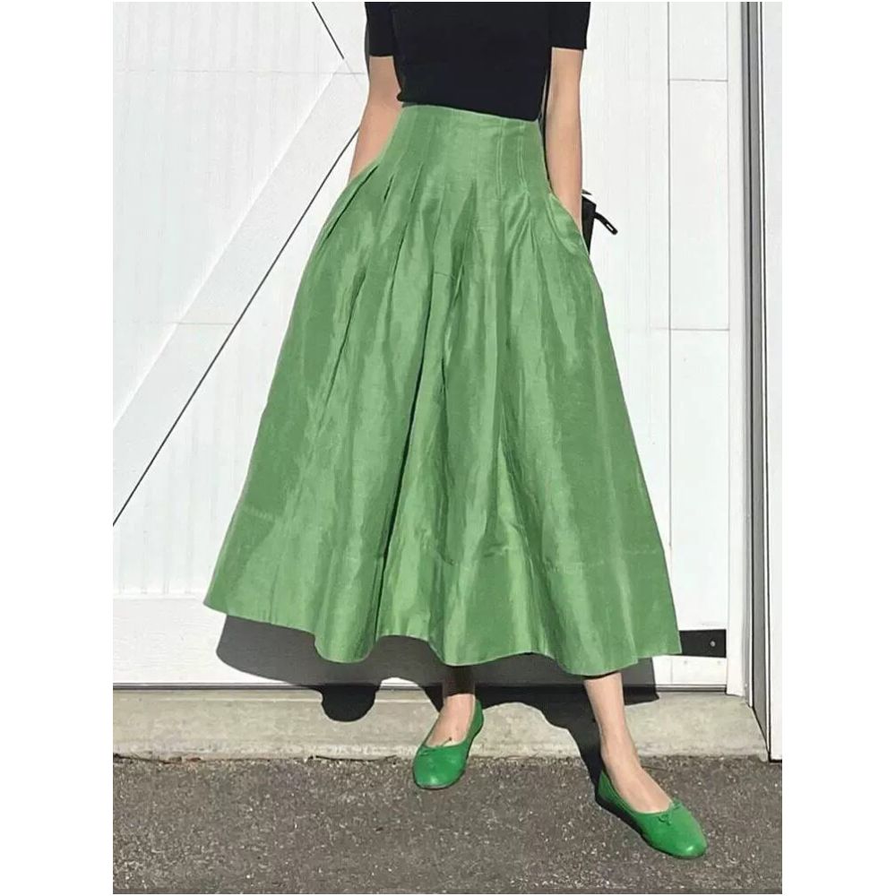 Rixo Kelly French retro style green high waisted pear shaped figure flattering flared skirt for summer image 4