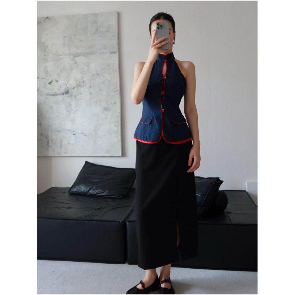 TAORAN Women s Chinese Style Blue Vest Suitable for Everyday Wear Youthful Style Cheongsam Style Top image 1
