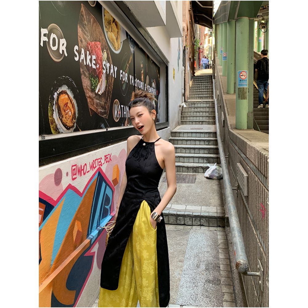 DULA Good Home New Chinese Style Jacquard Halter Neck Vest for Women Summer Slim Fit Front Slit Mid Length Top image 1
