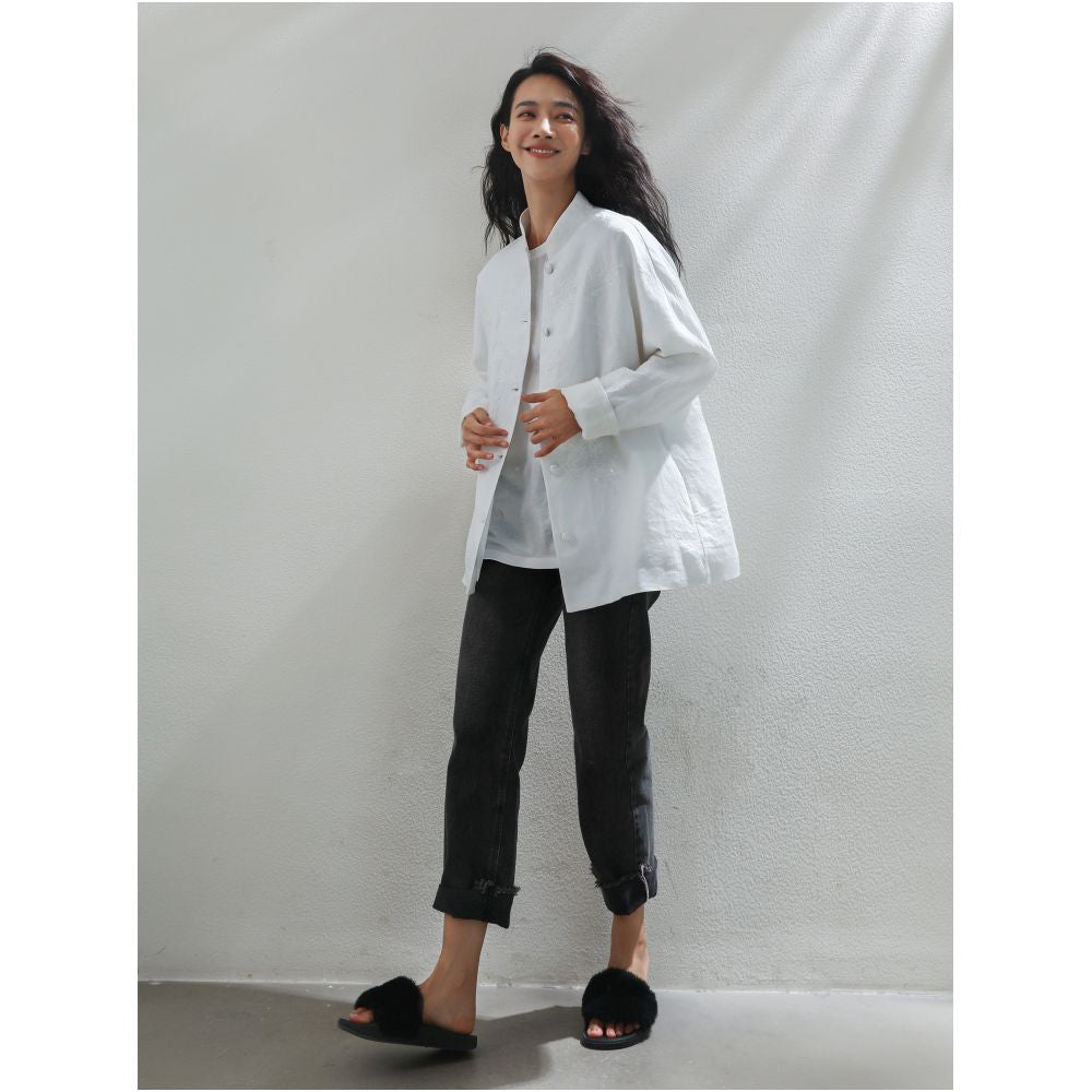 Pure linen sequined embroidered jacket new Chinese retro style stand up collar shirt elegant and fashionable short top image 2