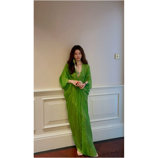yanyan 丹青 Lazy Style Romantic Green Long Dress New Summer Style Lightweight Sheer Beach Dress image 0