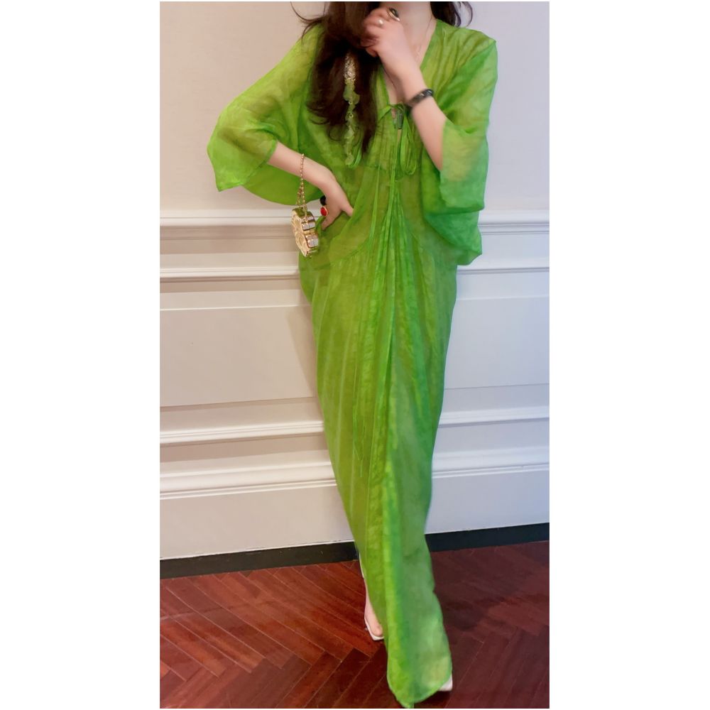 yanyan 丹青 Lazy Style Romantic Green Long Dress New Summer Style Lightweight Sheer Beach Dress image 2