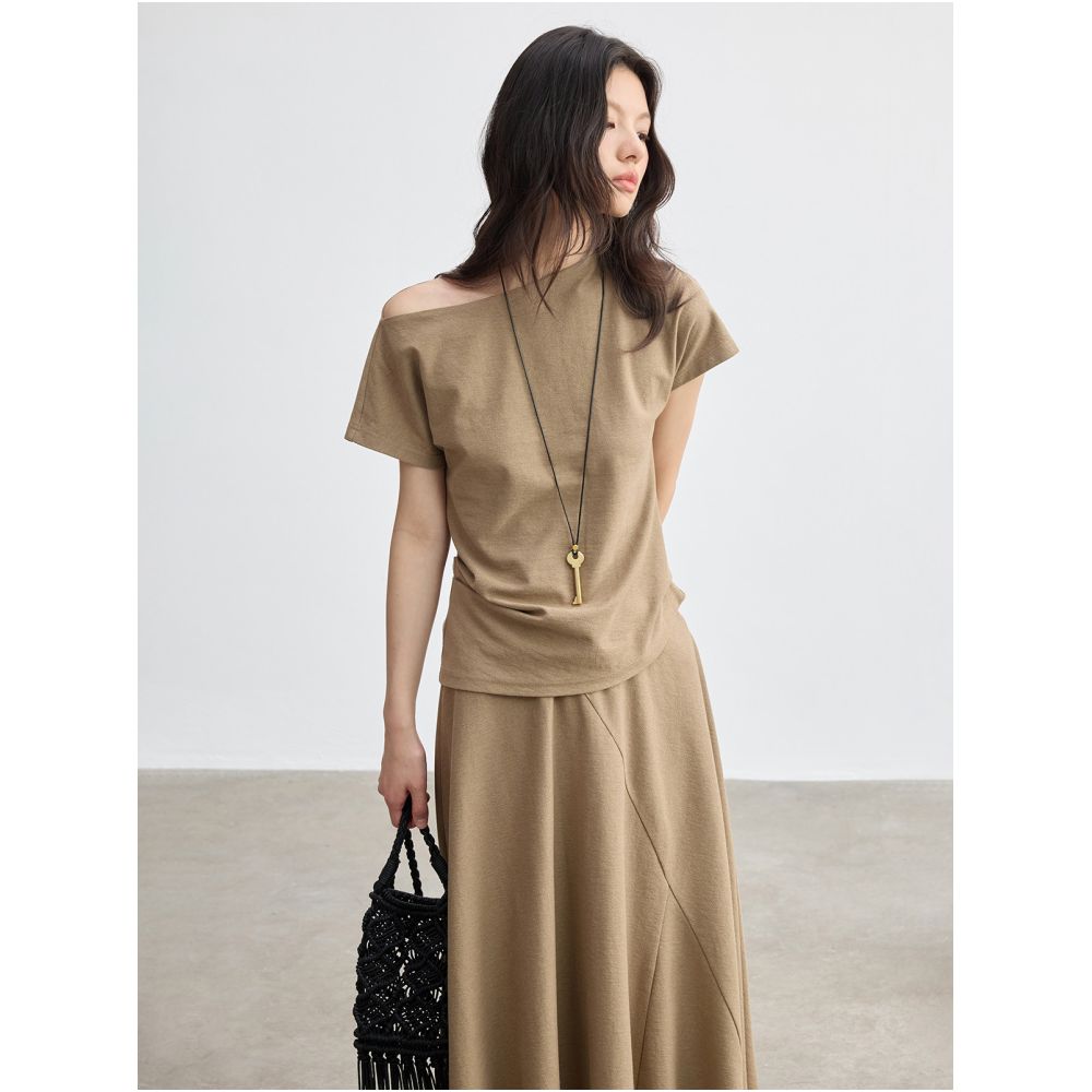 JUSLIN 100 Cotton Asymmetrical Raglan Sleeve Off Shoulder Short Sleeve Top Layered A Line Skirt Set M0401 image 1