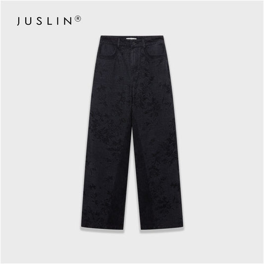JUSLIN Vintage Washed Plant Silhouette Art Embossing Deconstructed Color Block Wide Leg Jeans M0303 image 0