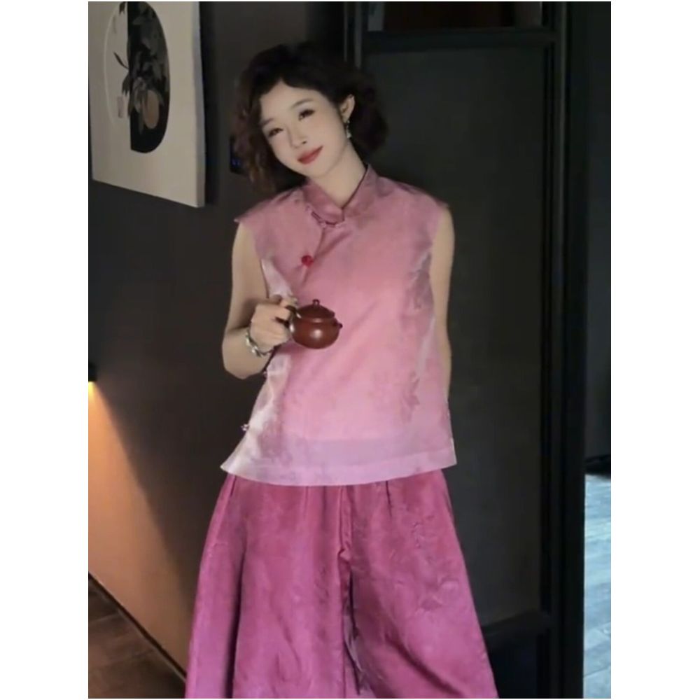 New Chinese style pink jacquard sleeveless vest shirt summer Chinese style colorful button top modified Tang suit blouse image 3